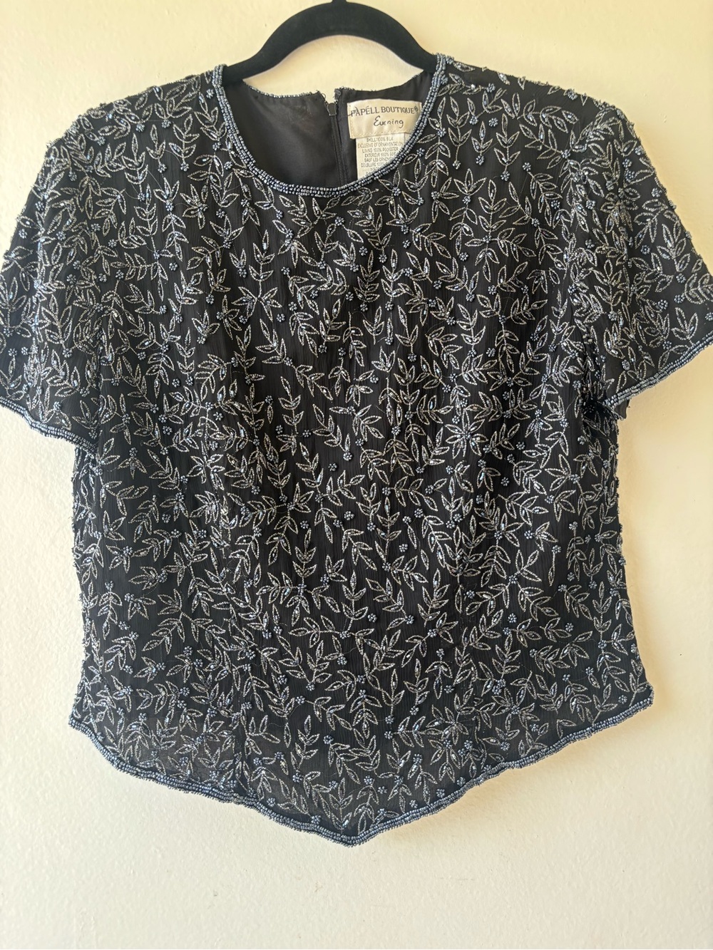 Papell Boutique Black Short Sleeve Beaded Leaf Top